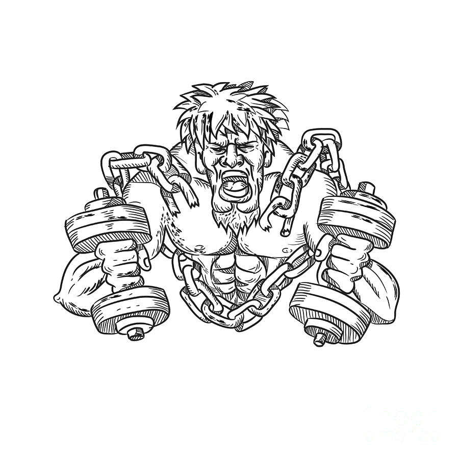 Athlete Digital Art - Muscular Male With Dumbbells Breaking Free From Chains Drawing by Aloysius Patrimonio