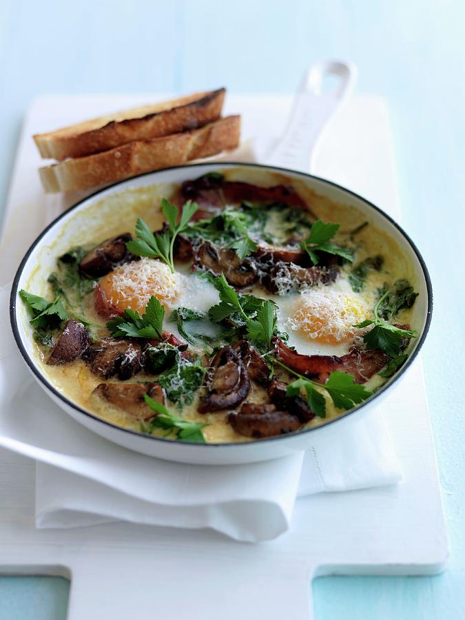 Mushroom, Bacon, Fried Egg And Emmental Clafoutis Photograph by Chris Court Photography