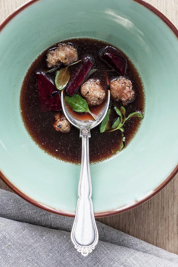 Mushroom Bouillon With Calfs Sweetbreads And Beetroot Photograph by Sarah Coghill