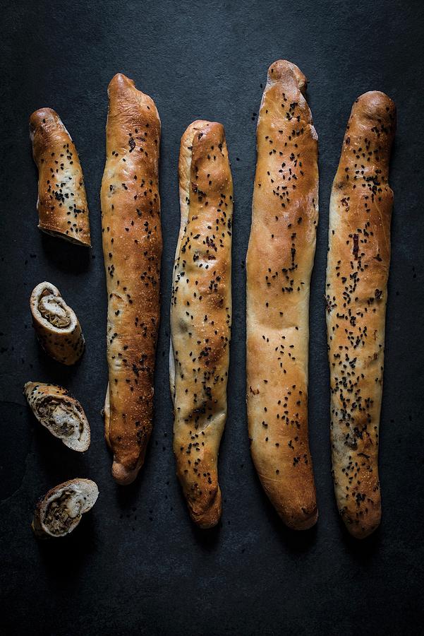 Mushroom Filled Bread With Nigella Seeds, View From Above. Photograph by Magdalena Hendey