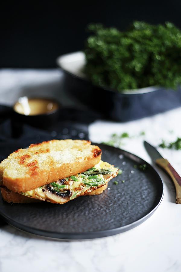 Mushroom Omelette And Herb Toasted Sandwich Photograph by Eva Lambooij
