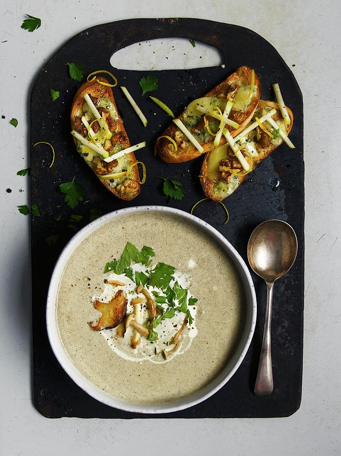 Mushroom Soup And Crostini Topped With Mushrooms Photograph by Adrian Lawrence