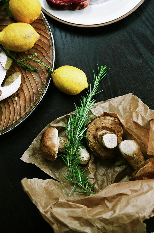 Mushrooms, Rosemary And Lemon Preparation Photograph by Karen Thomas