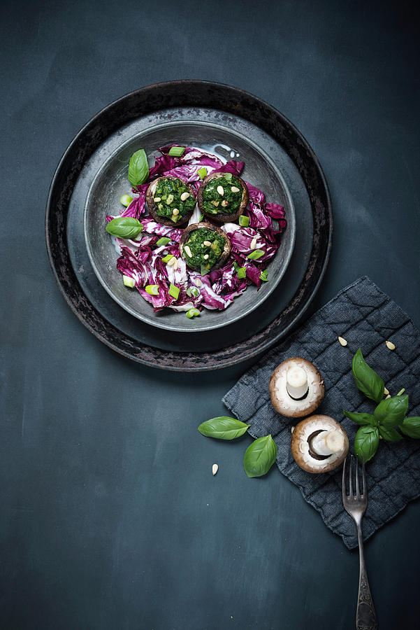 Mushrooms Stuffed With Spinach And Pine Nuts On A Radicchio Salad vegan Photograph by Kati Neudert