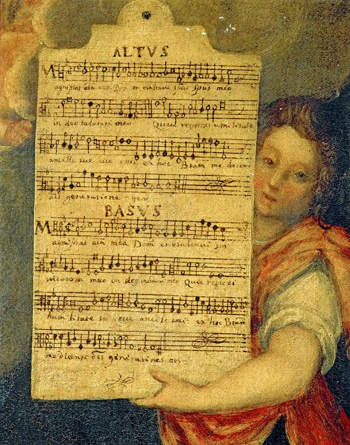 Music score for Alto and Bass from Magnificat for 4 voices composed by Cornelius Verdonck -1563-1... Painting by Album Music score for Alto and Bass from Magnificat for 4 voices composed by Cornelius Verdonck -1563-1... Painting by Album