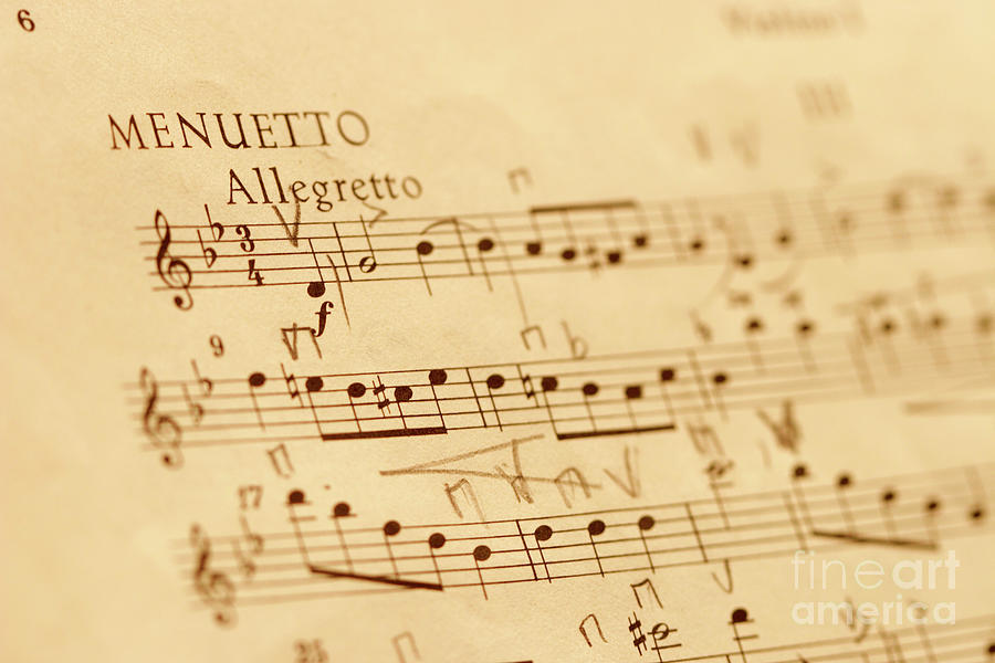Music Score. Minuet In B Flat Minor. Allegretto Tempo, Treble Clef, 3/4 Time Signature. Photograph by 