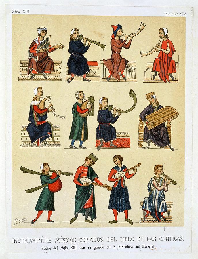 Musical instruments from the Book of Songs, Spanish XIII th century. Painting by Album