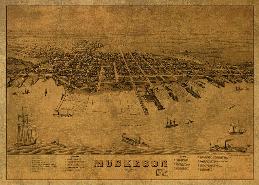 Muskegon Michigan Vintage City Street Map 1874 Design Turnpike 