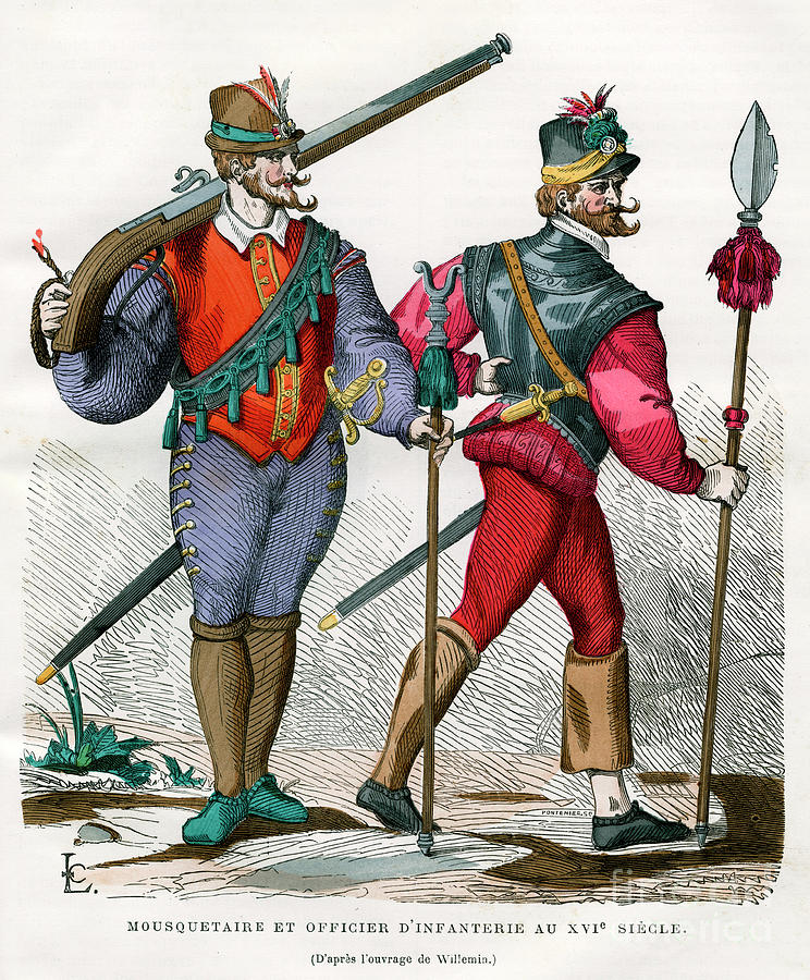 Musketeer And Infantry Officer, 16th Drawing by Print Collector