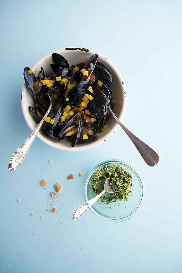 Mussels In A Pumpkin And Apple Broth With Ginger Gemolate Photograph by Michael Wissing