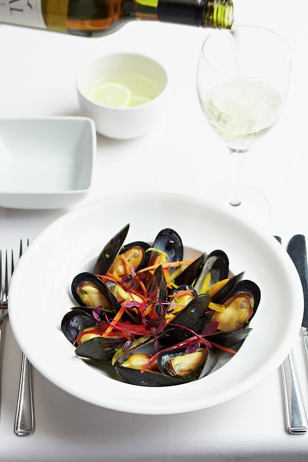 Mussels With Julienned Beetroot And White Wine Photograph by Charlotte Tolhurst
