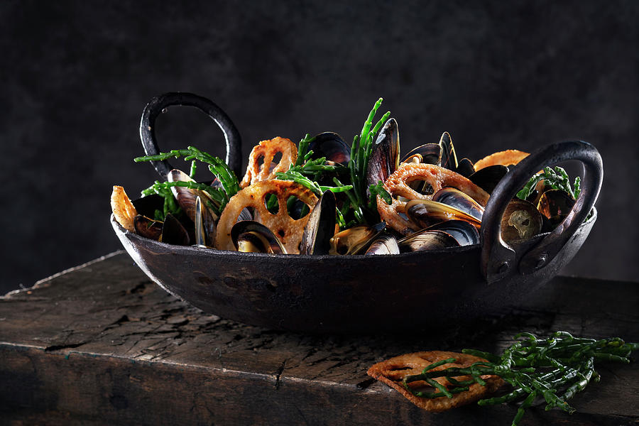 Mussels With Samphire And Lotus Roots Photograph by Christian Schuster