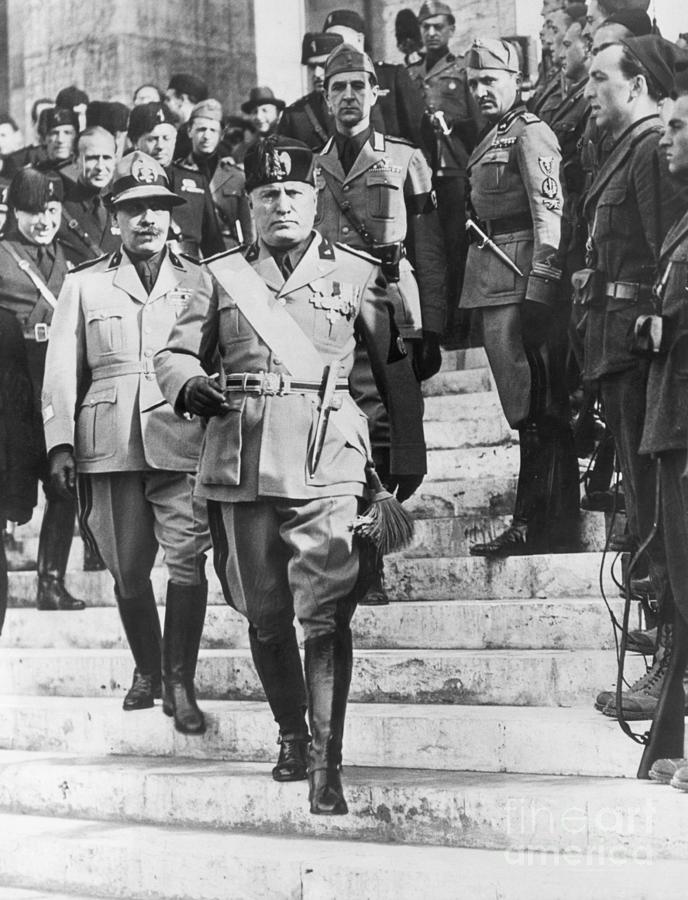 Mussolini Walks Down Stairs W Officers Photograph by Bettmann