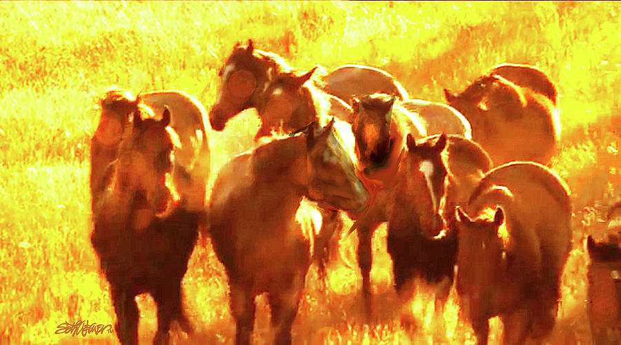 Mustangs Grazing in the Sun Mixed Media by Seth Weaver