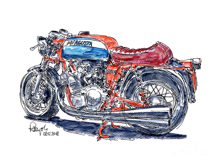 Motorbike Drawing - MV Agusta 750 S Classic Motorcycle Ink Drawing and Watercolor by Frank Ramspott Motorbike Drawing - MV Agusta 750 S Classic Motorcycle Ink Drawing and Watercolor by Frank Ramspott