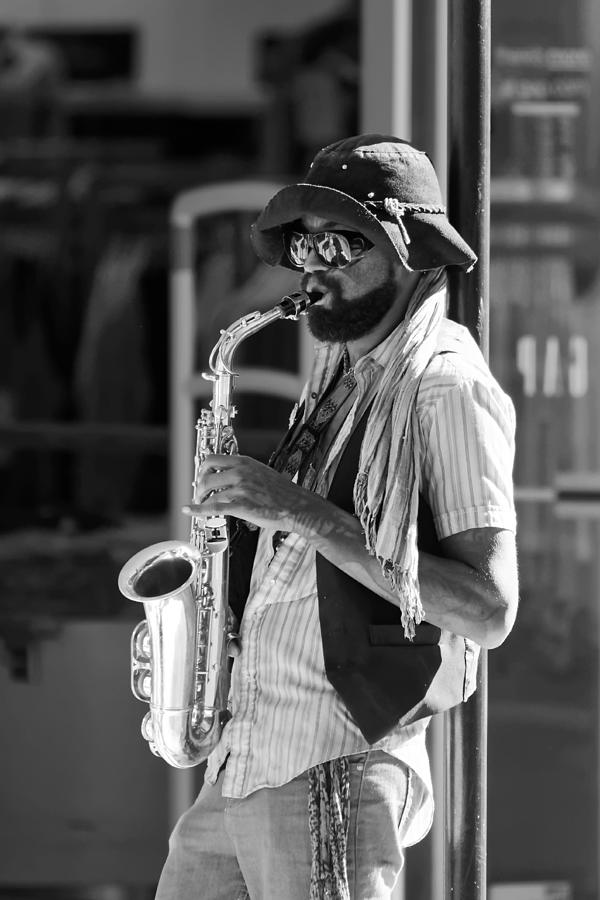 My Futures So Bright Ive Got to Wear Shades BW -- Street Musician in San Luis Obispo, California Photograph by Darin Volpe