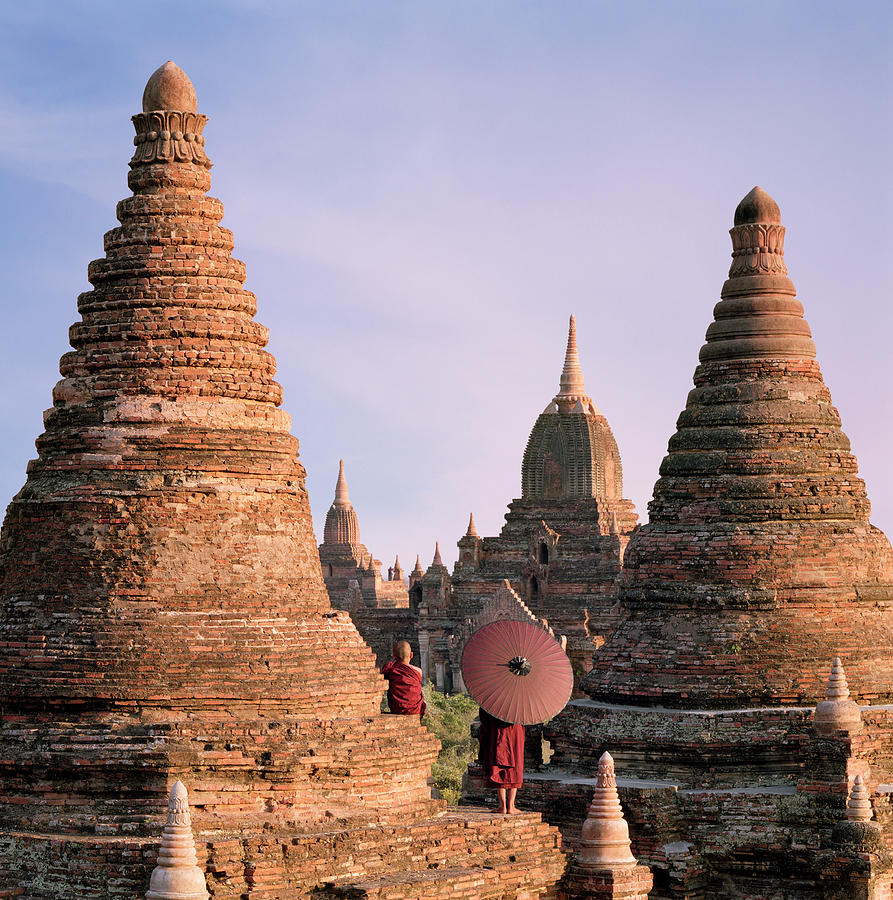 Myanmar, Bagan, Buddhist Monks On Temple Photograph by Martin Puddy