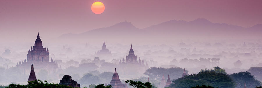 Myanmar, Bagan, Sunrise Over Ruins Digital Art by Jordan Banks
