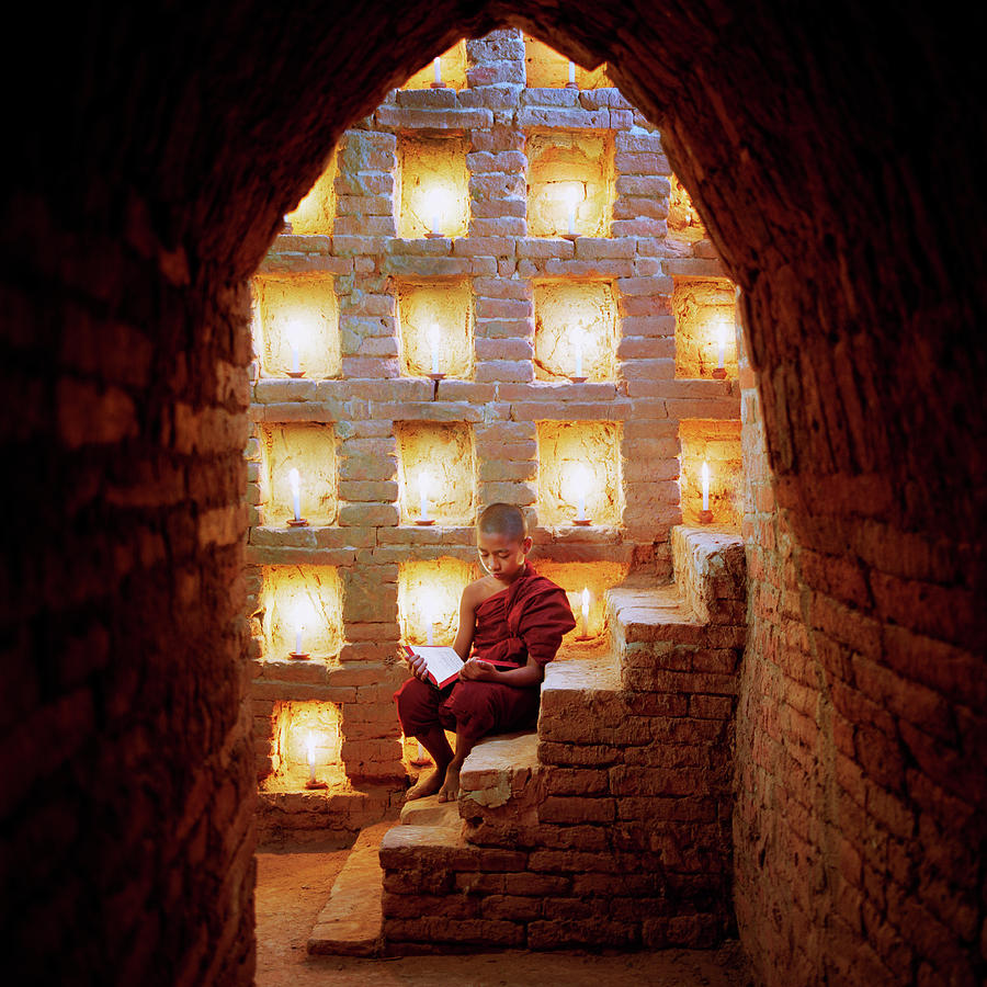 Myanmar, Buddhist Monk Inside Temple Photograph by Martin Puddy