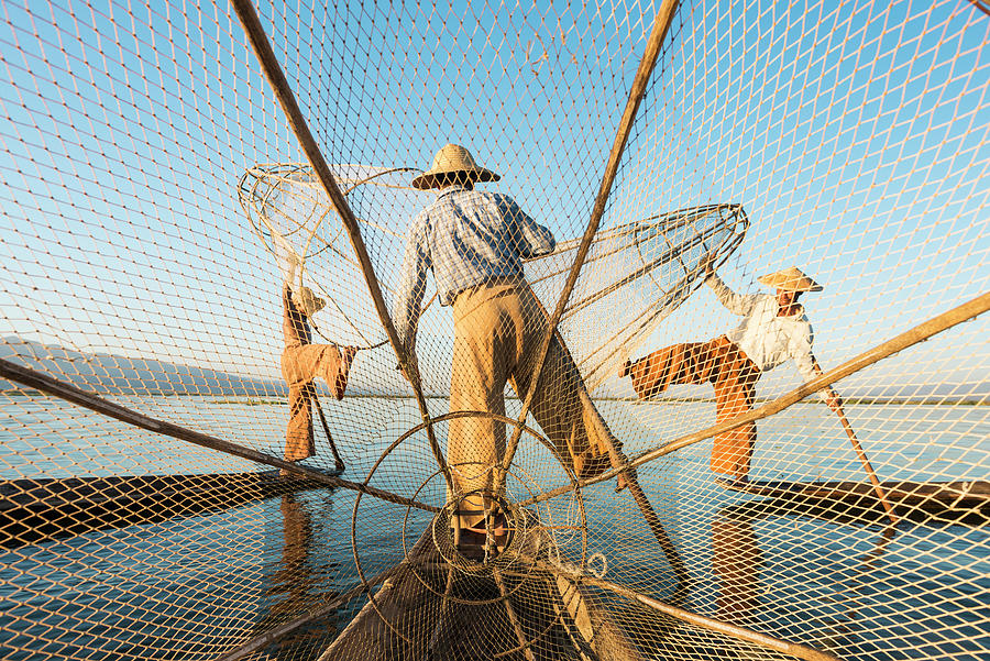 Myanmar, Fishermen On Inle Lake Digital Art by Jordan Banks