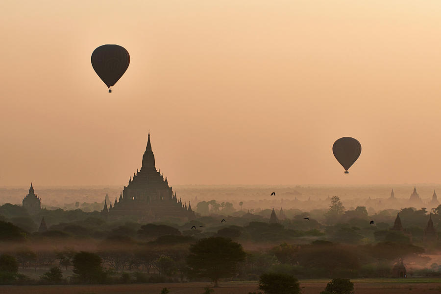 Myanmar, Hot Air Balloons Over Temples Digital Art by Bruno Morandi