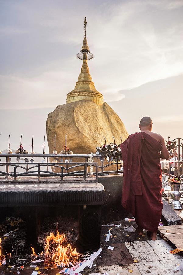 Myanmar, Mon, Kyaikhtiyo Pagoda, Golden Rock, Buddhist Monk Praying At Golden Rock Temple Digital Art by Matt Williams-ellis
