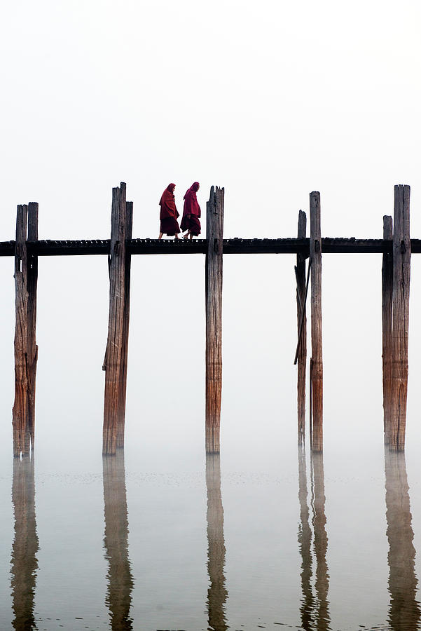 Myanmar, Monks, Crossing U Bein Bridge Digital Art by Jordan Banks