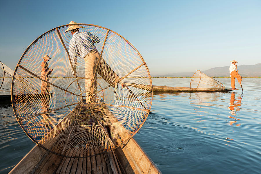 Myanmar, Shan, Fishermen On Inle Lake Digital Art by Jordan Banks