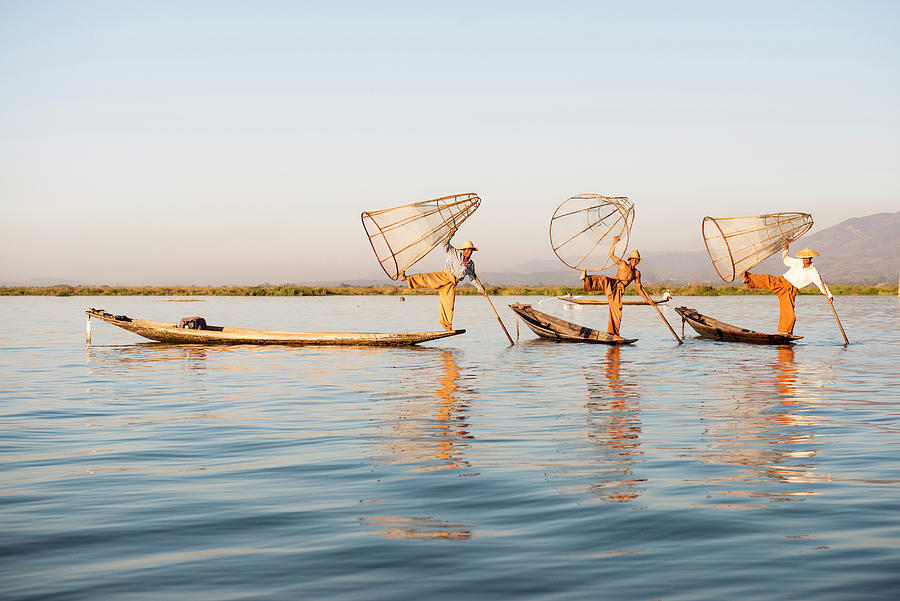 Myanmar, Shan, Nyaungshwe, Traditional Fishermen On Inle Lake Digital Art by Jordan Banks
