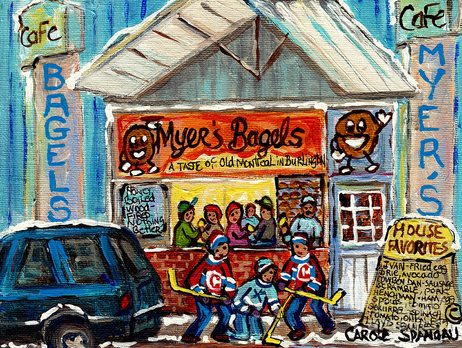 Myers Bagel Cafe Burlington Vermont Bakery Painting Hockey Art Winter Scene C Spandau Resto Artist Painting by Carole Spandau
