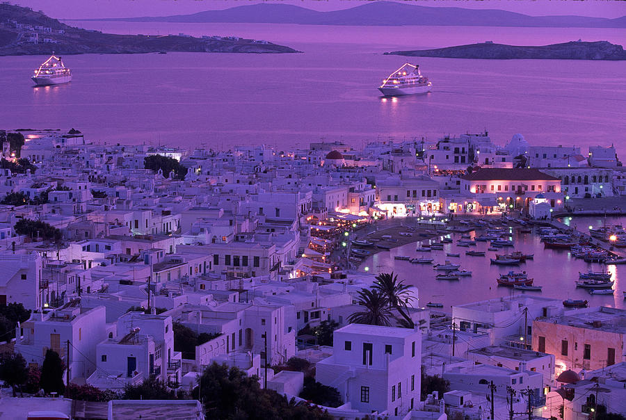 Mykonos Town At Night, Mykonos, Greece Photograph by Walter Bibikow