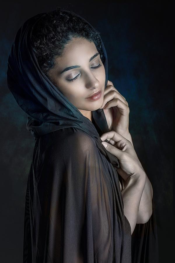 Portrait Photograph - Mysterious Beauty With Closed Eyes by Jan Slotboom