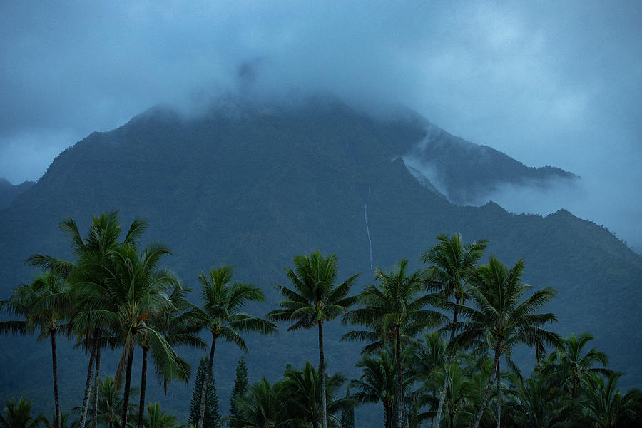 Na Pali Coast Waterfall On Mountainside In Clearing Clouds Over Palms ...