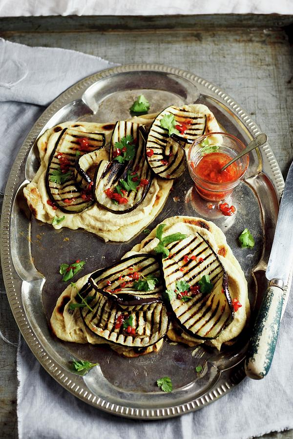 Naan Bread With Grilled Aubergines, Hummus And A Chilli Dressing Photograph by Great Stock!