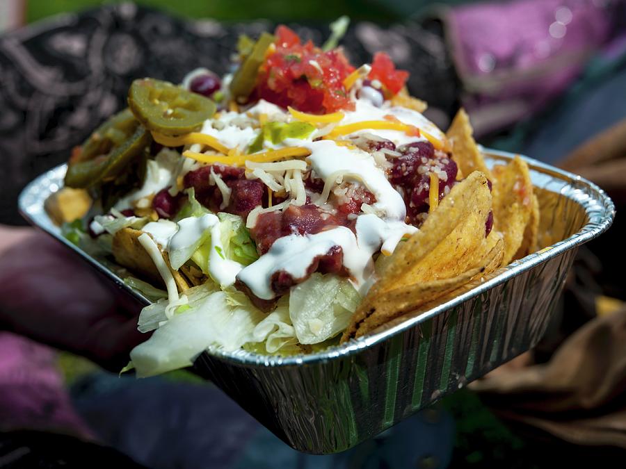 Nachos With Salsa, Pickled Jalapenos And Sour Cream In An Alumnium Tray Photograph by Michael Van Emde Boas