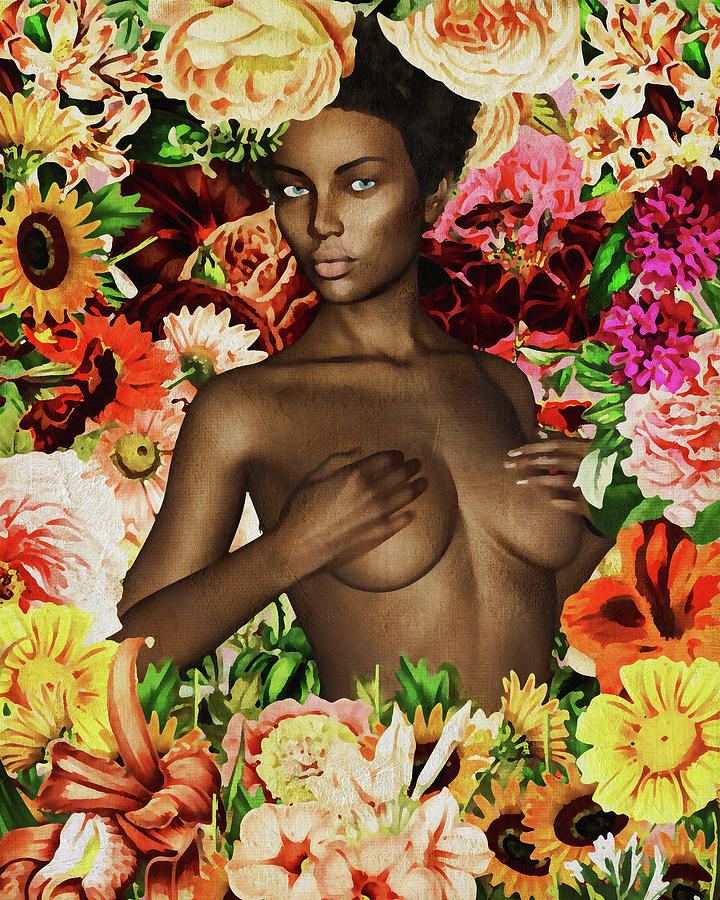 Naked African Woman Surrounded By Flowers Digital Art by Jan Keteleer