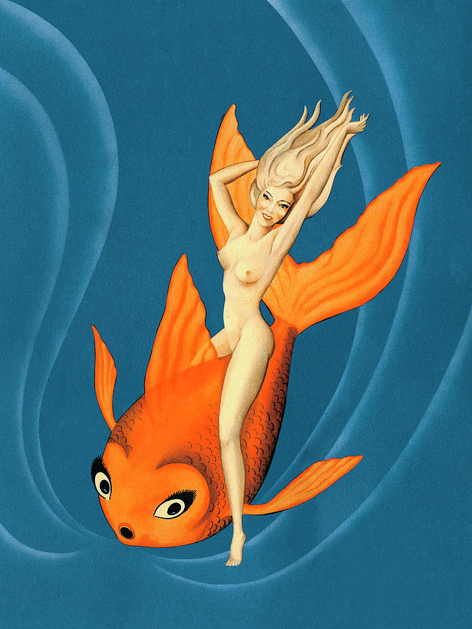 Fish Drawing - Naked Woman Riding a Goldfish by CSA Images