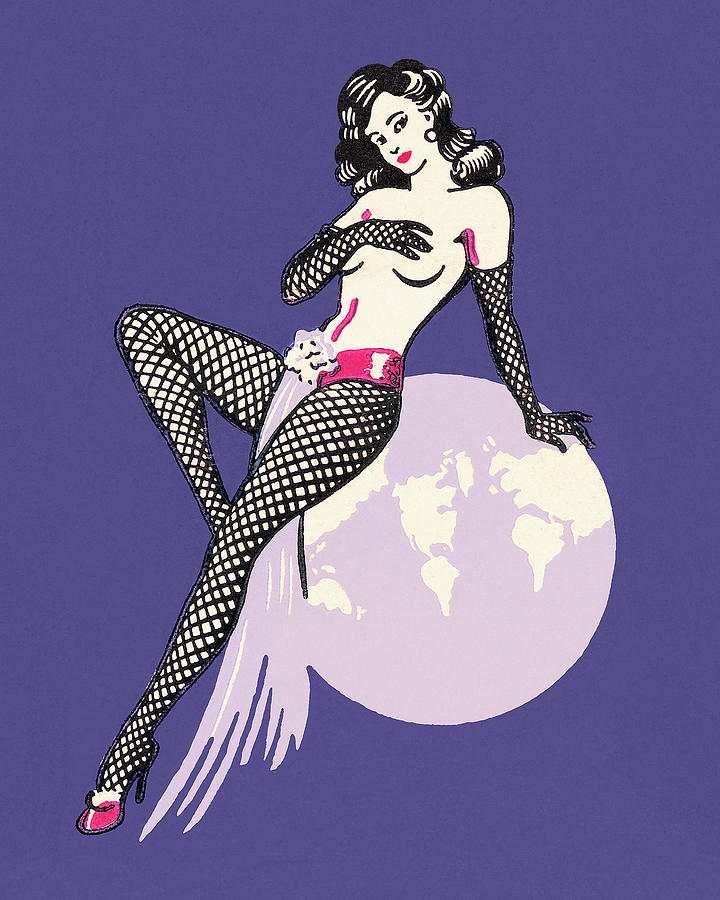 Vintage Drawing - Naked Woman Sitting on a Globe by CSA Images