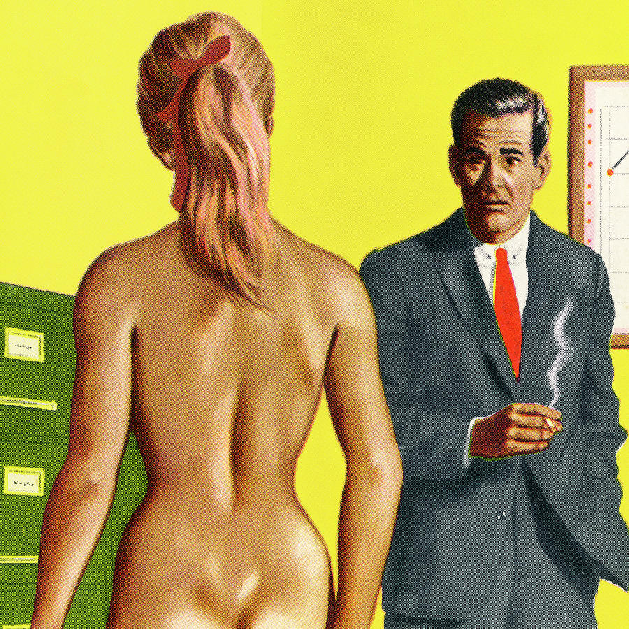 Vintage Drawing - Naked Woman Standing In Front of a Businessman by CSA Images