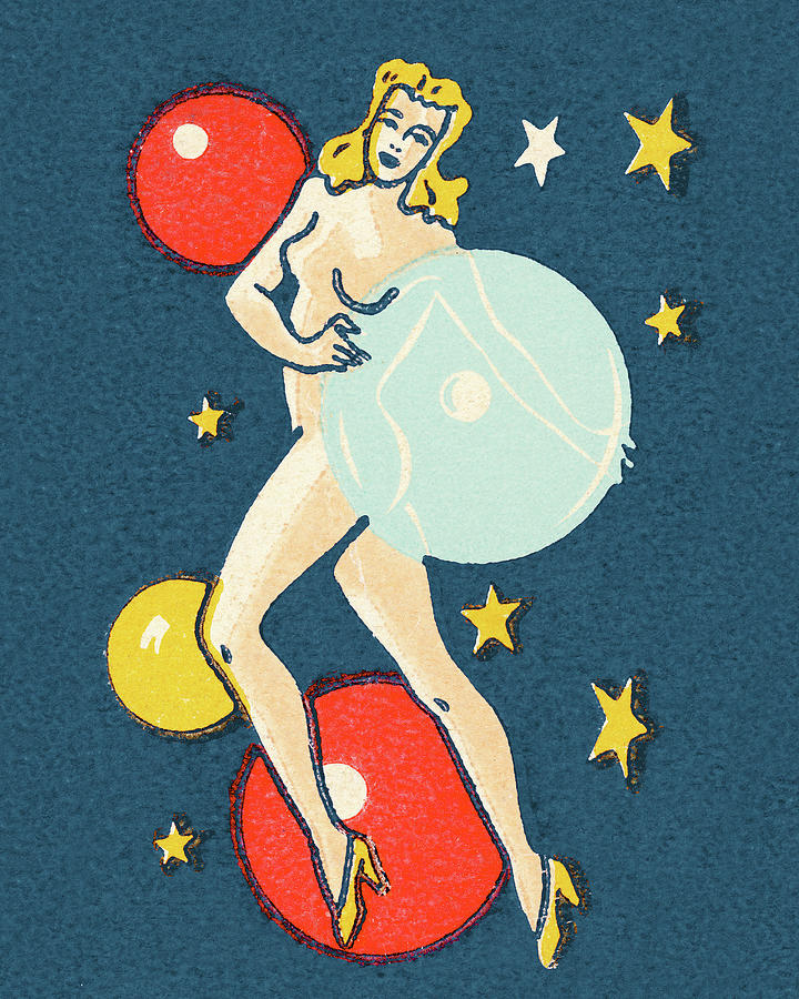 Vintage Drawing - Naked Woman Surrounded by Stars and Balls by CSA Images