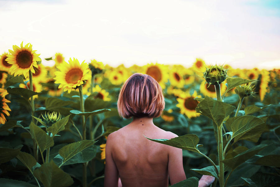 Naked Young Woman Stands With Her Back In A Field Of Sunflowers Photograph By Cavan Images Pixels 