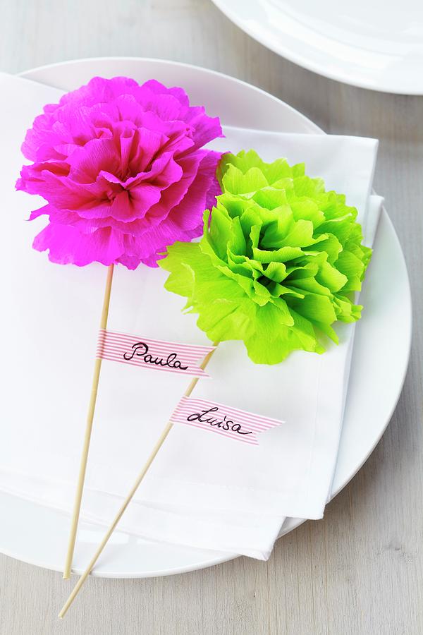 Name Tags With Tissue Paper Pompoms Photograph by Franziska Taube