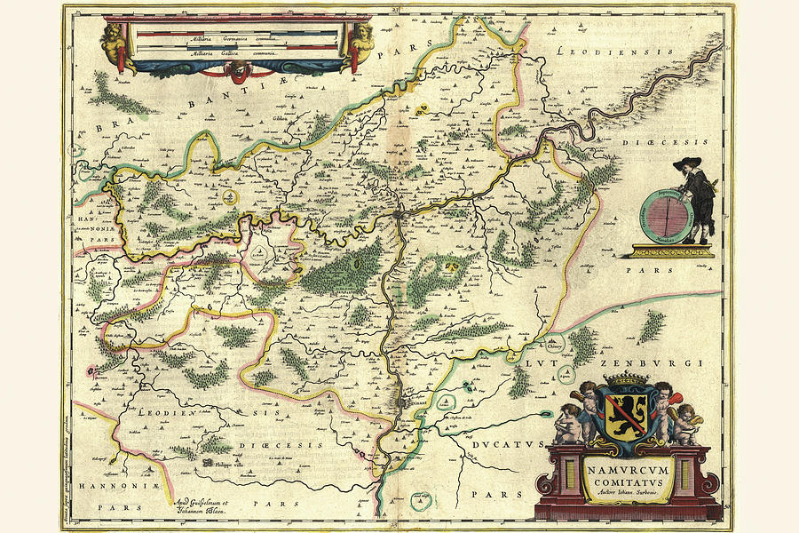 Map Painting - Namur, Belgium by Willem Janszoon Blaeu (Blau)