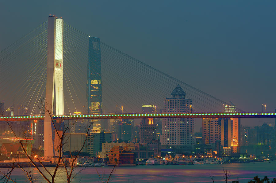 Nanpu Bridges At Sunset In Shanghai Photograph by Blackstation