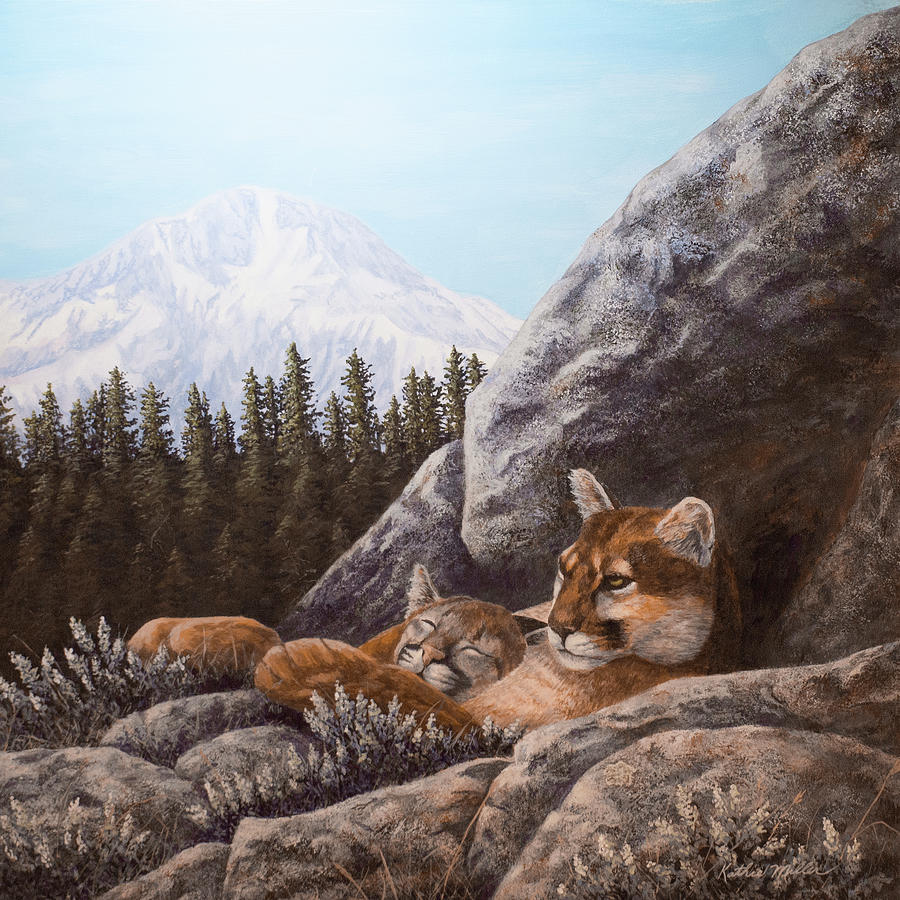 Nap Time - Cougar and Cub Painting by Kathie Miller