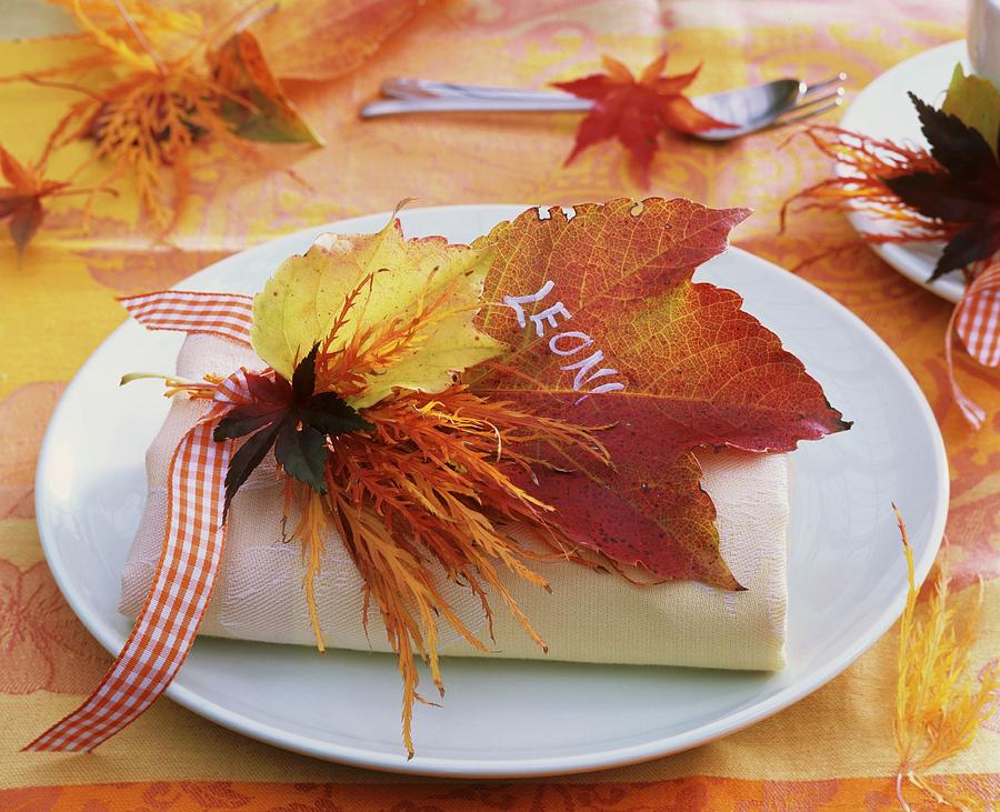 Napkin Decoration Of Autumn Leaves maple And Vine Leaf Photograph by Strauss, Friedrich