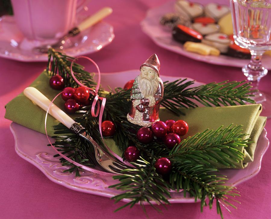 Napkin Decoration With Nordmann Fir, Baubles & Father Christmas Photograph by Strauss, Friedrich
