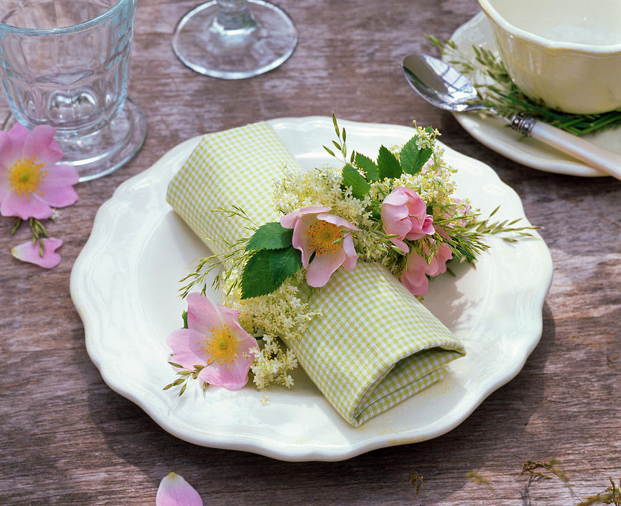 Napkin Ring Made Of Pink rose, Sambucus elderberry And Grasses Photograph by Friedrich Strauss