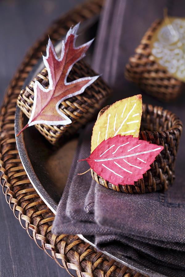 Napkin Rings Decorated With Painted Autumn Leaves Photograph by Franziska Taube