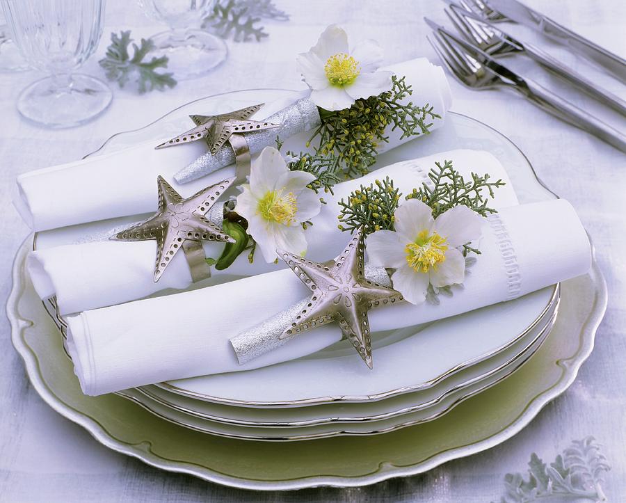 Napkins Decorated With Christmas Roses, Cypress And Stars Photograph by Strauss, Friedrich